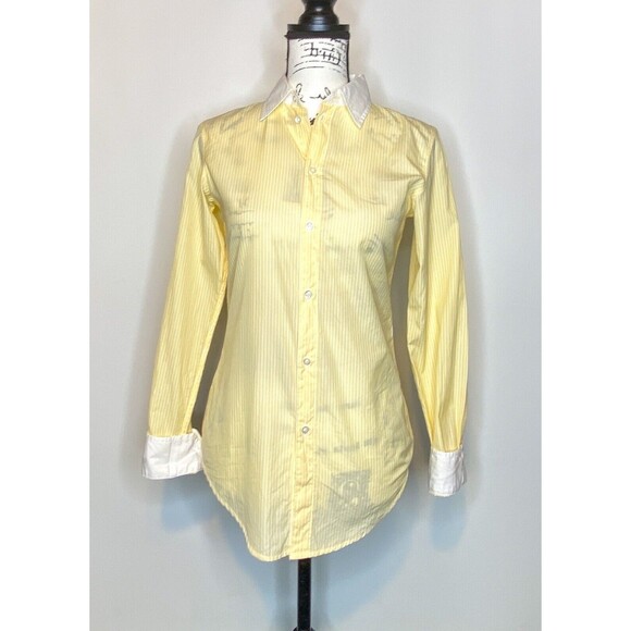 GAP Fitted Flip Cuff Boyfriend Shirt Womens 0 Yellow Striped Button Front Masc - Picture 1 of 7